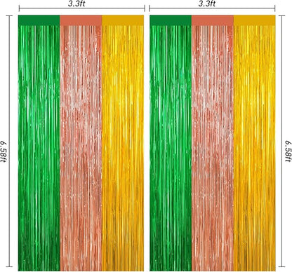 2 Pack Christmas Luau Decorations,Winter Summer Party Streamer, Green Brown Yellow Backdrop Tinsel Curtains Fringe Curtains, Metallic Hawaiian Supplies Aloha Party Decor Wedding Engagement Decorations