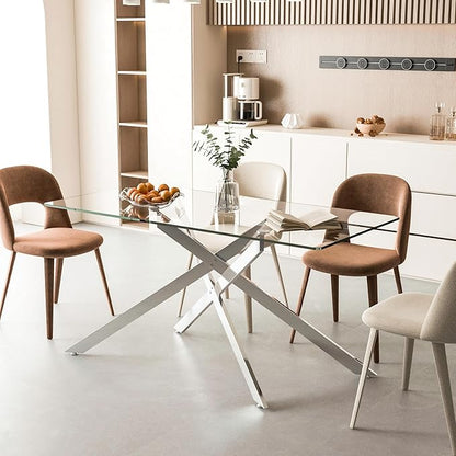 60" Rectangular Glass Dining Table Modern Kitchen Glass Top Table for 6 with Silver Metal Legs, Clear Dining Table Kitchen Table for Home Office Dining Room
