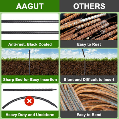 AAGUT 16 Inch Rebar Stakes Heavy Duty 16 Pack 3/8" Diameter Landscape Timber Spikes, Straight Stakes with Chisel Point End, Ground Anchors for Camping Tent, Garden Plant Support, Concrete, Black