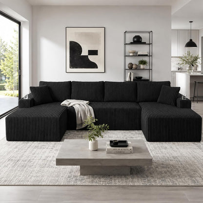 ivoros 125" Cloud Couch Sectional, Modular Sofa with Cup Holder and Storage Pocket, Corduroy U Shaped Sofas, Couch in a Box, No Assembly Required, Black Couches for Living Room