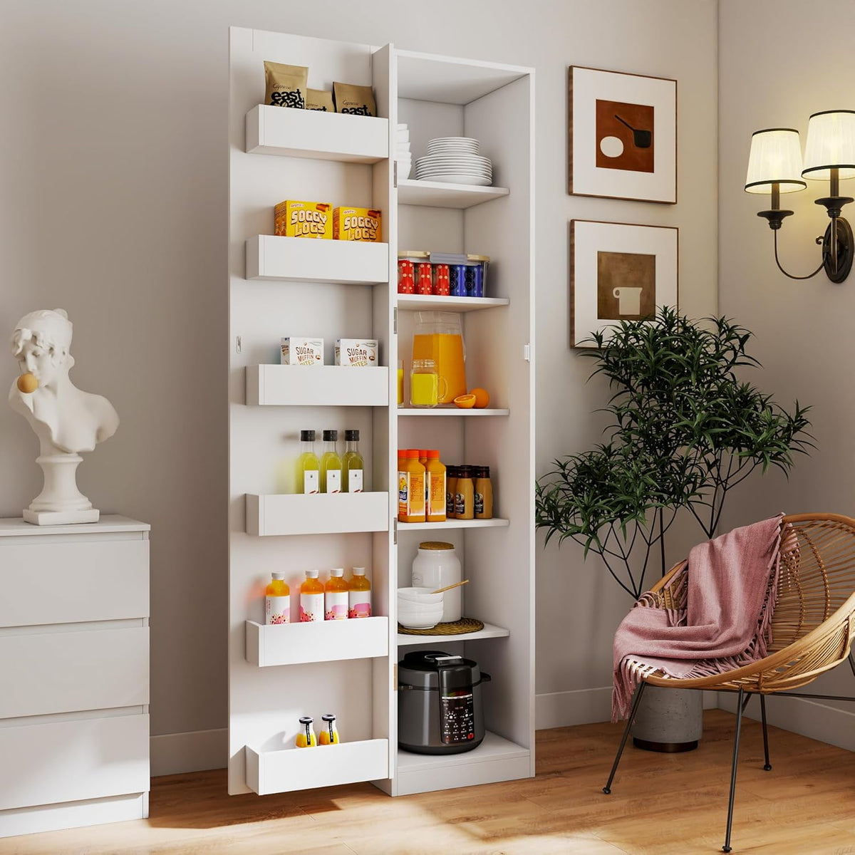 KEIKI 15.75" W Slim Kitchen Pantry Storage Cabinet with Door-Side Rack & Shelves, Tall Narrow Freestanding Sideboard Wood Hutch Food Pantries Cupboard for Coffee Bar, Dining Room