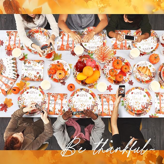 452 Pcs Happy Friendsgiving Party Decorations for 50, Fall Friendsgiving Paper Plates Napkins Cups Tablecloth Cutlery Straws for Autumn Harvest, Give Thanks Friends Giving Party Supplies
