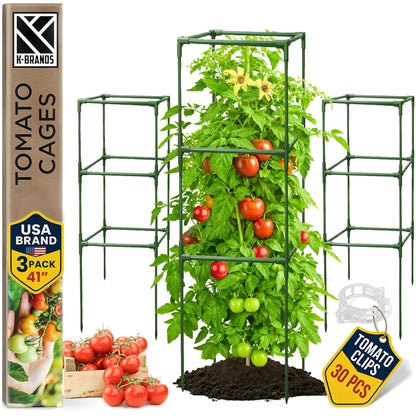 Square Tomato Cage - Large Trellis Stakes and Plant Support Structures for Vegetables and Climbing Plants - Tall Tomato Cages for Garden, Pots, Raised Garden Bed Outdoor Supplies (3 Pack - Up to 41")