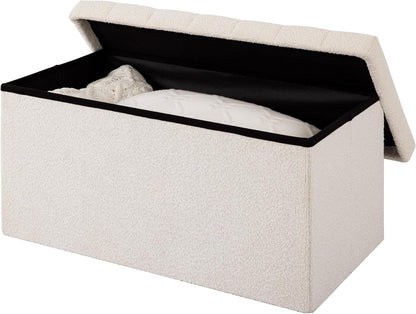 Seville Classics Cushioned Fabric Ottoman Hidden Storage Chest Footrest Chair, Padded Seat for Bedroom, Dorm, Loft, Living Room, Entryway, Hallway, White Boucle, 30" Bench