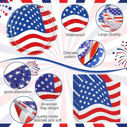 452 Pcs American Flag Party Supplies Veterans Day Decorations for 50 Guests, Patriotic Paper Plates Napkins Cups Tablecloth Cutlery Straws for USA 4th of July Party Supplies