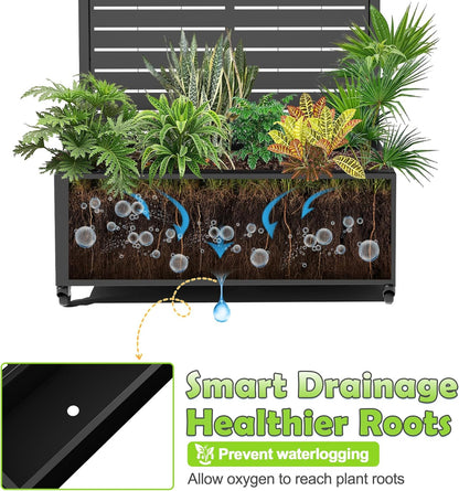 15.7"×70.9"×35.4" Metal Raised Garden Bed with Trellis and Wheels - Tall Trellis Planter Box for Climbing Plants, Vegetables & Vines - Outdoor Privacy Planters for Patio (Black-Louvered)