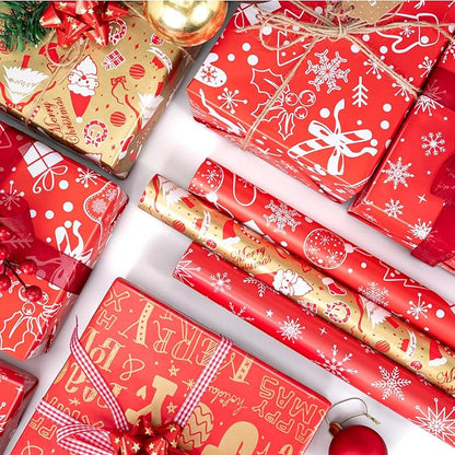 Christmas Gift Wrapping Paper Rolls,3 Rolls 17inches x 198inches Reversible Gift Wrapping Paper, Red Gold White Wrapping Paper, Snowflakes, Stripes, Plaid, Santa hat, Christmas decorations