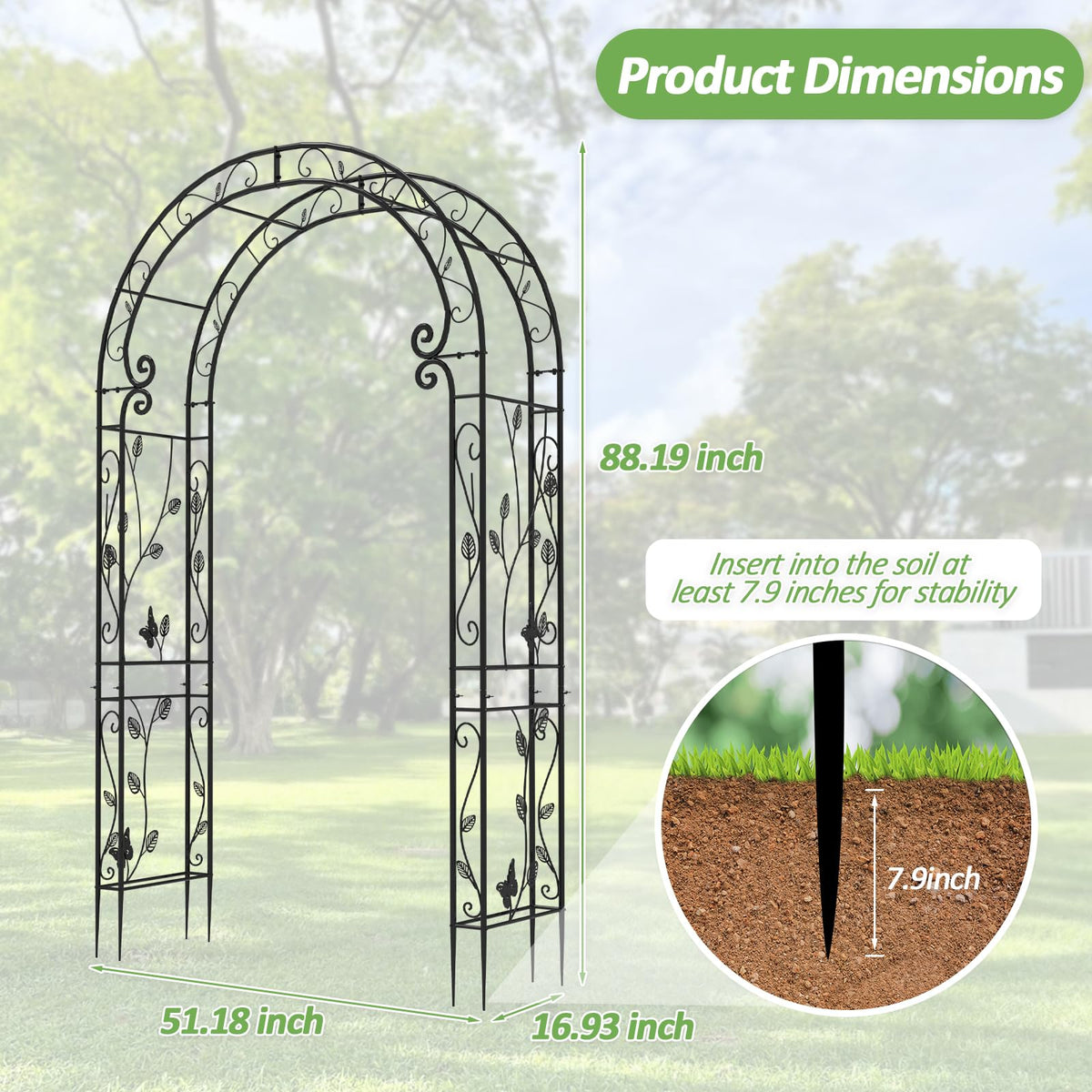 Trellume Garden Abor - 88"(H)*51"(L), Sturdy Metal Garden Arch with Rust-Resistant Finish, Trellis for Climbing Plants Outdoor, Ideal as Wedding Arches for Ceremony（20MM Pipe）