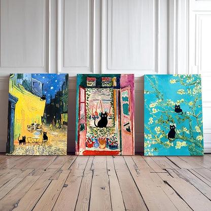 FASWQ Whimsical Black Cat Wall Art, Van Gogh Matisse Picasso Wall Decor, Funny Bathroom Canvas Paintings, Cute Animal Aesthetic Pictures for Living Room Kids' Room Framed Ready to Hang 16"x24"x3
