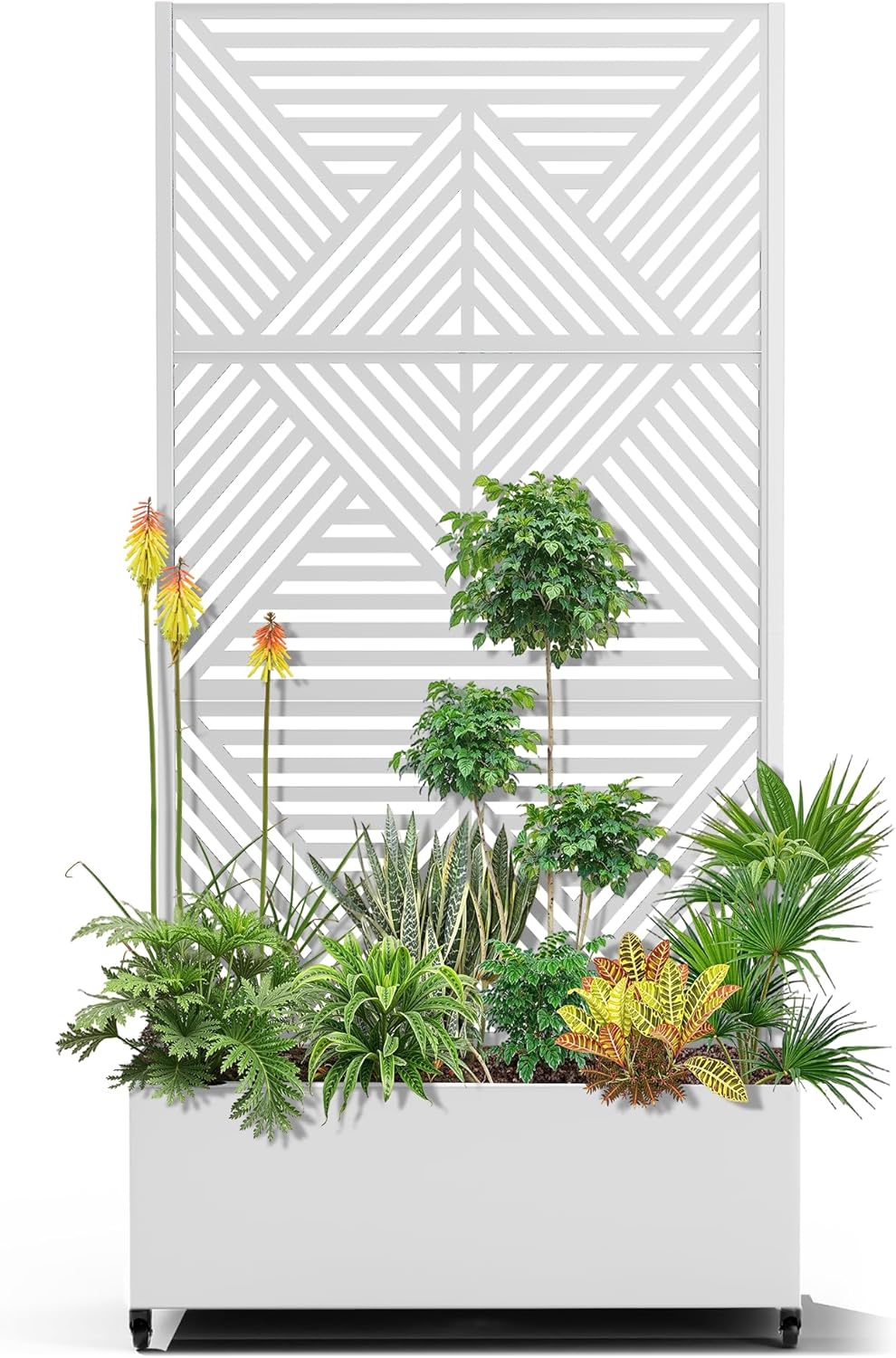 15.7"×70.9"×35.4" Metal Raised Garden Bed with Trellis and Wheels - Tall Trellis Planter Box for Climbing Plants, Vegetables & Vines - Outdoor Privacy Planters for Patio (White-Zodiac)