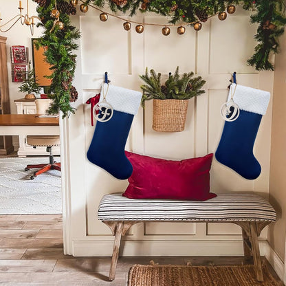 Personalized Christmas Stocking, 19.5 Inch Blue Velvet Christmas Stocking with Gold Wooden Letter Ornament - Fireplace Holiday Decor (Blue paw)