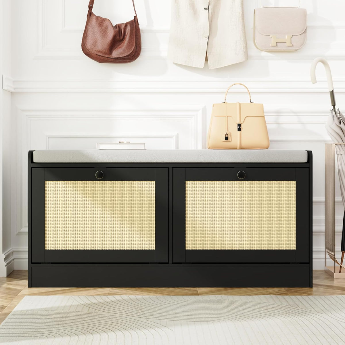 MHOM Rattan Shoe Bench for Entryway, Hallway and Bedroom - Boho Bench with Storage Cabinets and Seat Cushion - Wooden Storage Bench Fits up to Size 16, Black