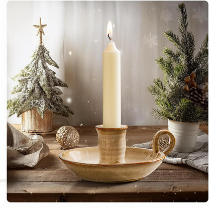 Candlestick Holder, Vintage Ceramic Candle Holder for Taper Candles, Spell Candles, and Incense, Farmhouse Candlelight Stand with Handle for Home, Dining Table, Halloween, Christmas Decor