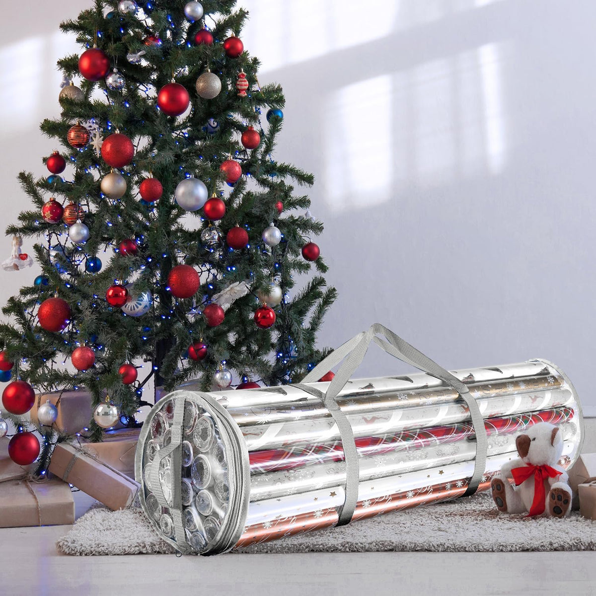 Hearth & Harbor Wrapping Paper Storage Container - Clear Wrapping Paper Holder Fits Up To 14 Rolls of 40" - Tear Proof Gift Wrap Organizer - Premium Bag for Easy Carrying, Silver