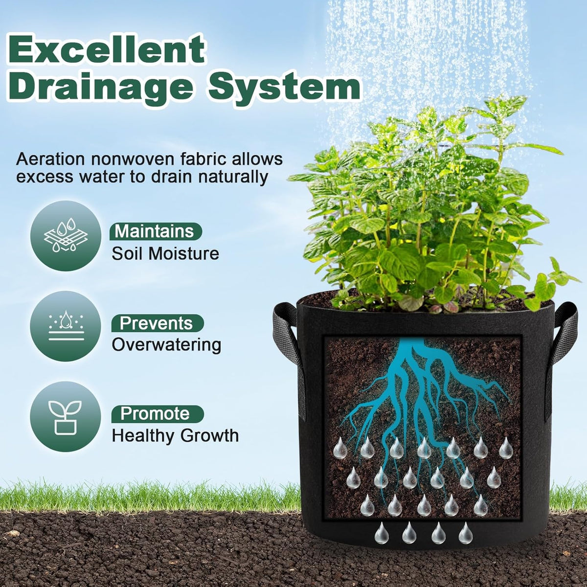5 Pack 5 Gallon Grow Bags, Thickened Aeration Nonwoven Fabric Plant Pots with Handles, Heavy Duty 300G Garden Planting Bag for Tomato, Potato, Strawberry, Vegetable, Fruits and Flowers