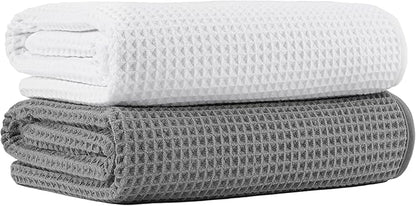 New Microfiber Waffle Bath Towels, 2 Pieces, Oversized, Soft, Absorbent, Fast Drying, Lint Free (Gray+White)