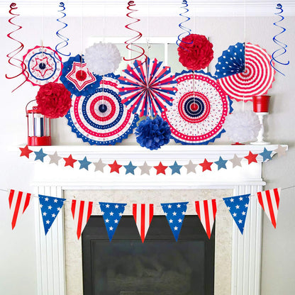 29PCS 4th/Fourth of July Patriotic Decorations Set | 250th Anniversary,Red White Blue Paper Fans,USA Flag Pennant,Star Streamer,Pom Poms,Hanging Swirls,Party Decor Supplies