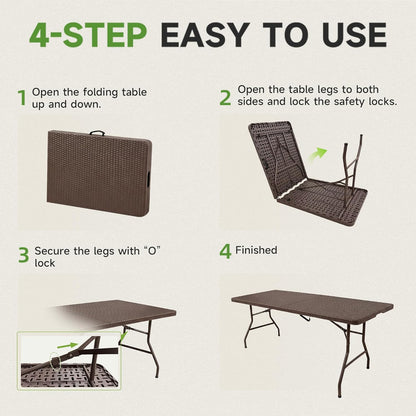 Folding Table 6 Foot, Heavy Duty 600 LBS Capacity, HDPE Wicker Pattern, Sturdy Design with Safety Lock, Portable Tables Folding for Camping, Party, Indoor & Outdoor Use, 2 Pack