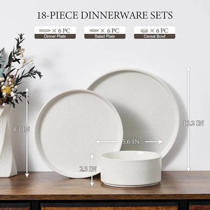 E-far Stoneware Dinnerware Sets, 18-Pieces Modern Plates and Bowls Sets, Kitchen Dinning Porcelain Dishes Set for 6, Chip & Scratch Resistant, Dishwasher & Microwave Safe, Speckled White