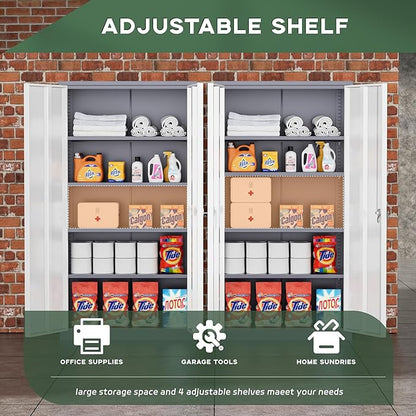 Greenvelly Metal Garage Storage Cabinet, 72”Locking Steel Storage Cabinet with 2 Doors and 4 Adjustable Shelves for Home Office,School,File(Gray White)