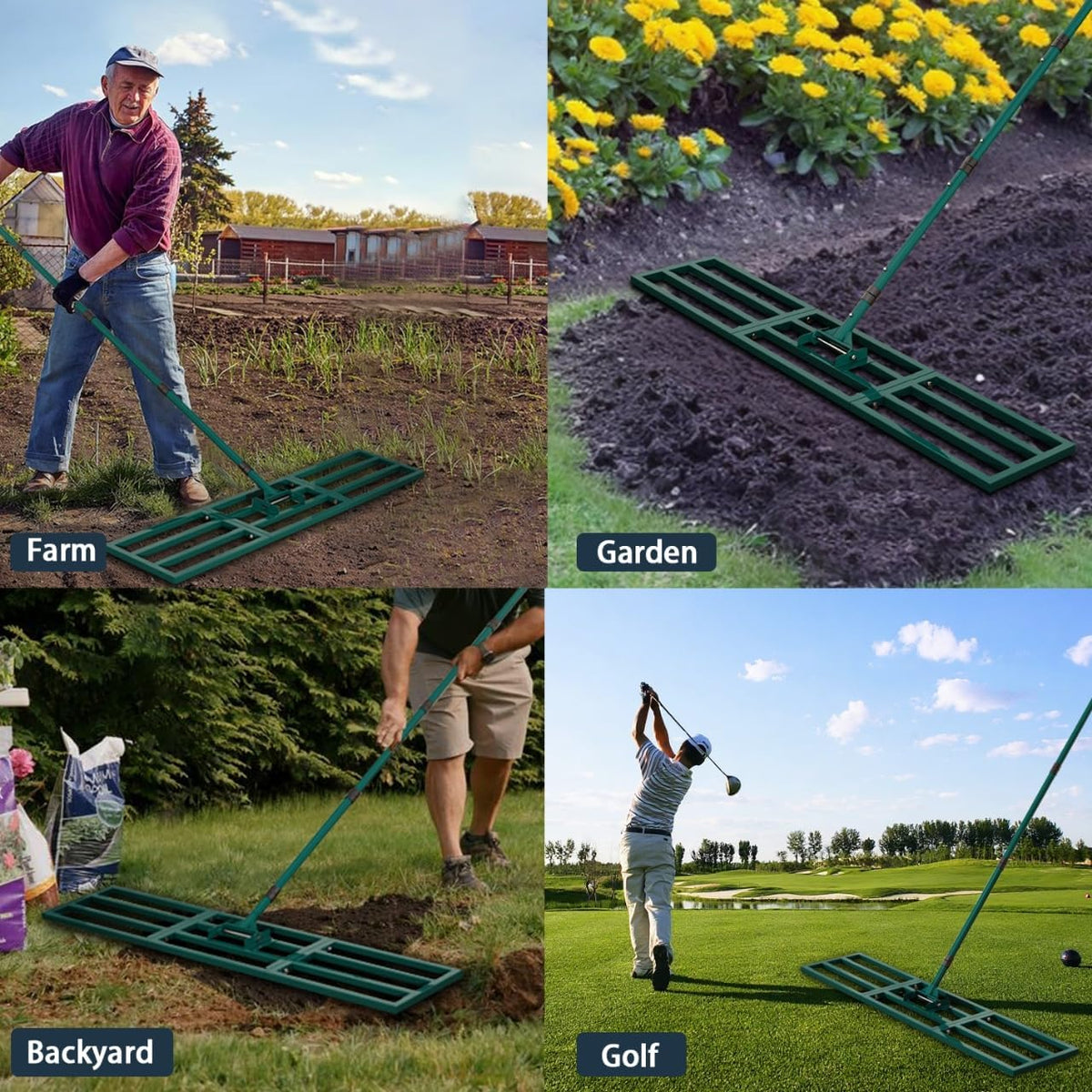 Lawn Leveling Rake Heavy Duty Stainless Steel Lawn Leveler Tool 45”x10” with 78” Adjustable Long Handle Yard Level Rake for Soil, Ground,Backyard Dressing,Golf Field,Garden Tools Grass Seed
