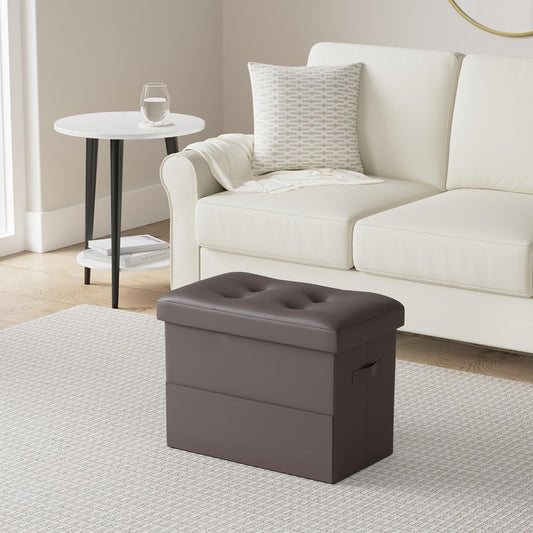 BelugaHelper Storage Ottoman Foot Rest Stool, Foldable Leather Footstool Storage Bench with Thicker Foam Padded Seat. Foot Rest Under Desk for Living Room Bedroom 350 lbs, 17x13x13 in, Brown