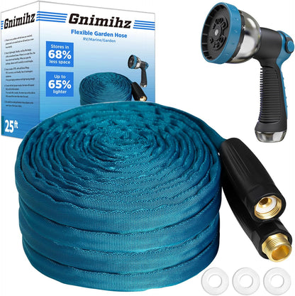 Garden Hose 25ft, Made of TPE(Not PVC), Ultra-Light & Flexible Water Hose with Solid Brass Fittings, Non-Shrinking, Easy to Storage, Drinking Water Safe Material, All-weather, SeaBlue