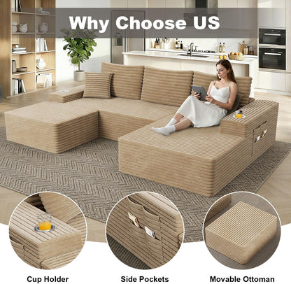 KCGKCG 106" Cloud Modular Sectional Couch with Ottoman, Modern U Shaped Corduroy Sofa, Higher 17.7" Seat Height, 32D Pure Foam, Built in Cup Holders, No Assembly Living Room(Camel, Left Facing Chaise)