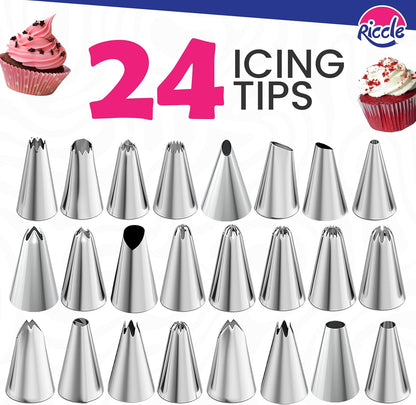 Riccle 94 pcs Cake Decorating Kit with Cake Turntable - Includes 50pcs 16 Inch Disposable + 2 Reusable Piping Bags and Tips Set, 24 Icing Piping Tips, 2 Spatulas, 3 Icing Comb Scraper, 6 Cake Liners