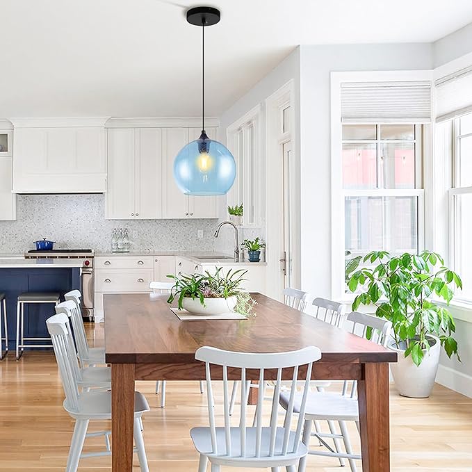 Blue Pendant Lights Kitchen Island Lighting Modern Globe Hand Blown Glass Pendant Light Ceiling Hanging Light fixtures for Kitchen Island Bedroom Living Dining Room Light Fixture,9.8in