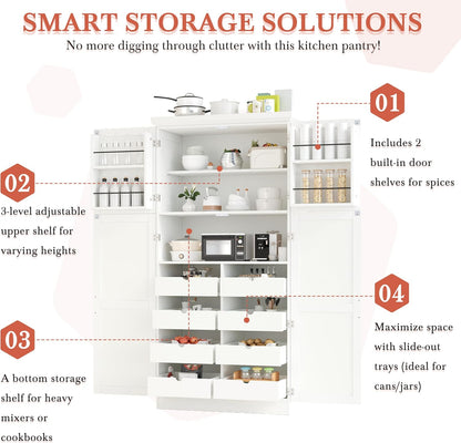 71" Kitchen Pantry Storage Cabinet, Freestanding Farmhouse Pantry Cabinet with 4 Doors, 2 Door Shelves, 8 Pull-Out Trays and Adjustable Shelf for Kitchen, Dining Room (White)