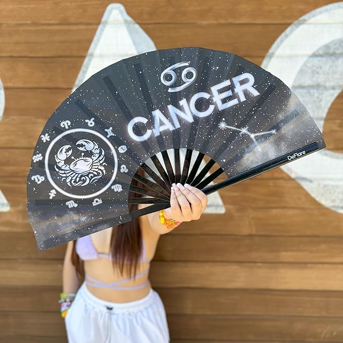 DeFlare | Cosmic Zodiac Rave Fan | Zodiac Sign Hand Fan | Astrology Rave Fan | Hand Fan | Large Rave Fan | Large Clacking Fan