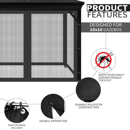 10'x10' Gazebo Mesh Netting, 4 Panels with Zippers, Black