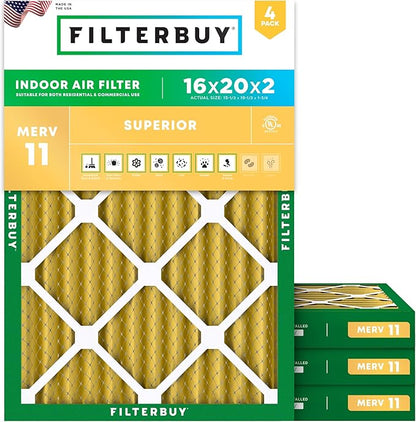 Filterbuy 16x20x2 Air Filter MERV 11 Superior Pet & Allergy Defense (4-Pack), Electrostatic Pleated HVAC AC Furnace Filters Replacement, Made in USA (Actual Size: 15.50 x 19.50 x 1.75)