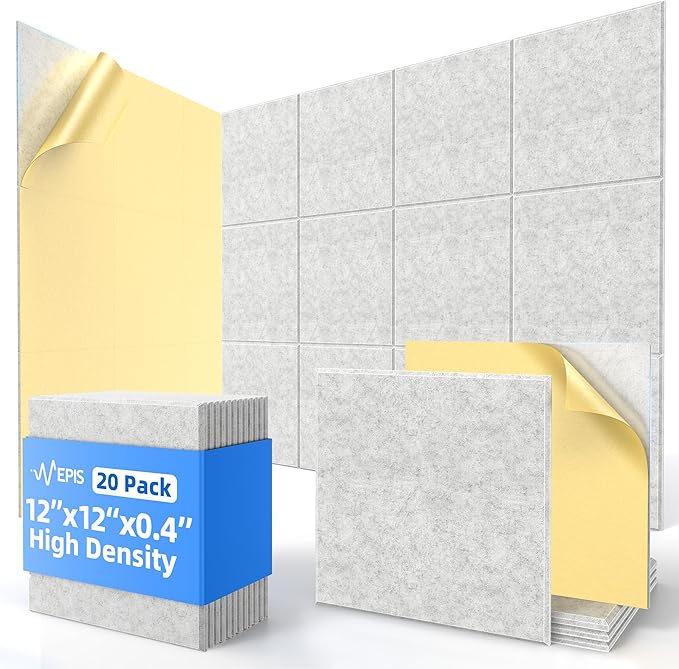 20 Pack Acoustic Panels with Self Adhesive, 12" X 12" X 0.4" High Density Sound Proof Foam Panels for Walls, Soundproof Wall Panels, Square Sound Absorbing Panels for Home Studio Office Decor - Grey