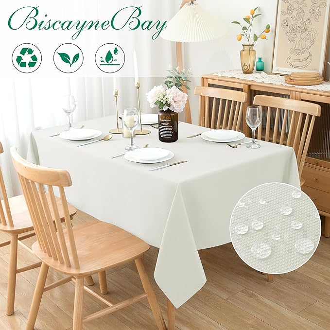 Biscaynebay Textured Fabric Tablecloths 70x120 Inches Rectangular, Ivory Water Resistant Tablecloths for Dining, Kitchen, Wedding, Parties etc. Machine Washable
