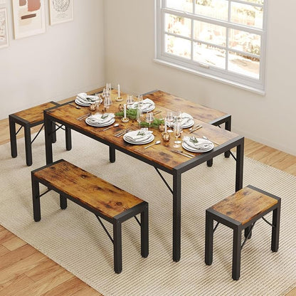 Gizoon 63" Dining Room Table Set for 6, Kitchen Table with 2 Benches and 2 Stools, Dining Table Set with Metal Frame, Space-Saving Kitchen Table Set for Apartment, Retro