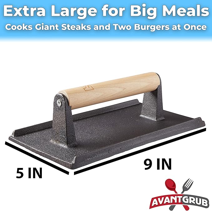 Pro Grade, Pre Seasoned Cast Iron Grill Weight 1Pk. Heavy Duty Steak and Burger Press with Wooden Handle for Grills, Griddles and Flattops. Perfect Gadget for Bacon, Paninis, Sandwiches and Vegetables