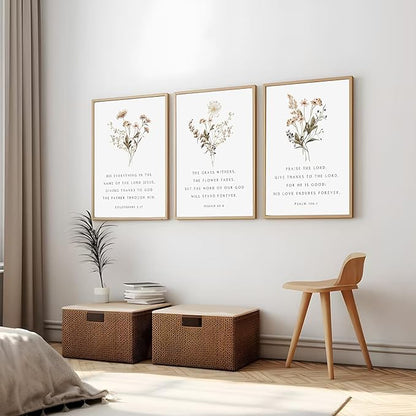 Wildflower Bible Floral Canvas Wall Art Christian Verses Floral Paintings Pictures Wall Decor Botanical Scripture Room Posters Prints for Bedroom Living Room Office Christian Scene Home Decorate