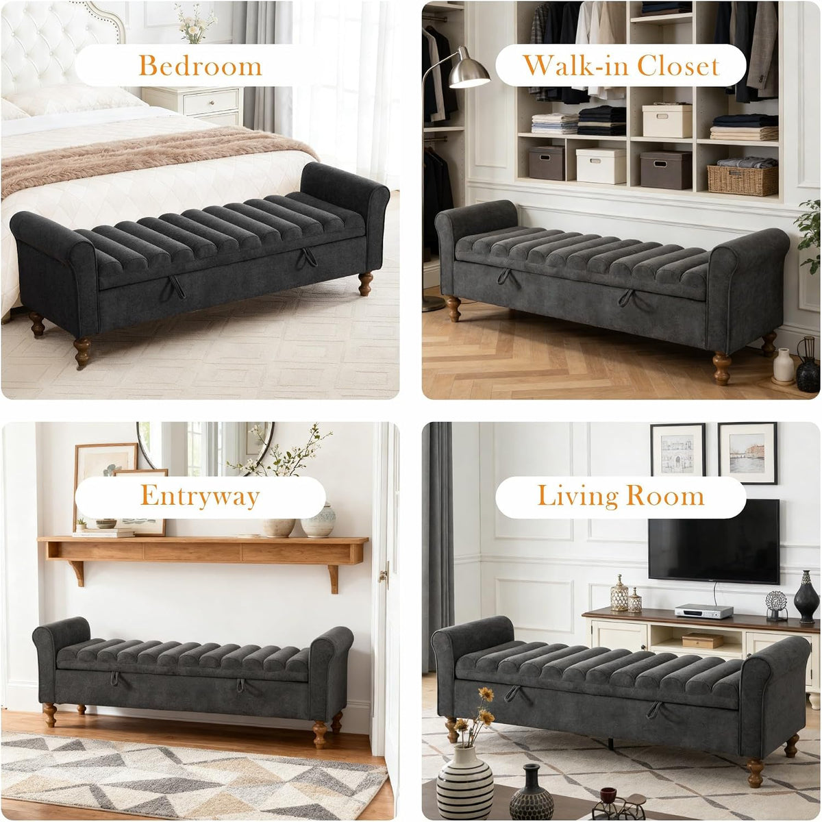 Aoiy & Wifon 65.55" W Large Storage Ottoman Bench, King Size End of Bed Storage Bench with Wood Legs, Upholstered Window Bench for Bedroom, Living Room, Entryway, Charcoal