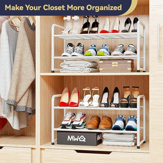2-Tier 27” Wide Shoe Rack for Closet, Metal Stackable Shoe Shelf Organizer, White