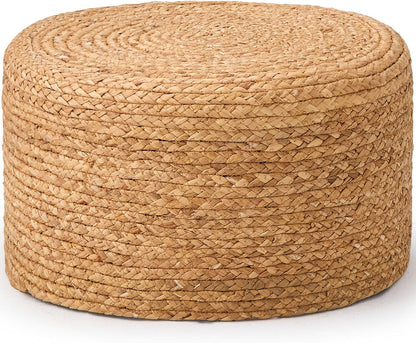 Wimarsbon Round Pouf Ottoman, Natural Hand Knitted Footrest Poof, Rustic Lounge Pouffe, Boho Pous Foot Stool, Accent Table or Seat (Natural Water Hyacinth, 17.7 * 17.7 * 9.84)