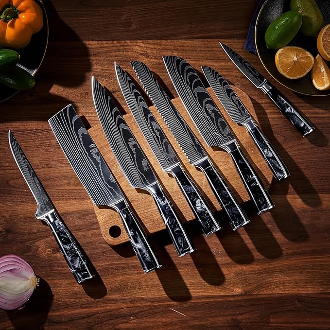 SENKEN 8-Piece Japanese Knife Set with Black Resin Handle and Laser Damascus Pattern - Onyx Collection - Chef's Knife, Santoku Knife, Bread Knife, Paring Knife, & More