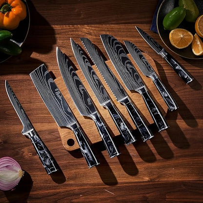 SENKEN 8-Piece Japanese Knife Set with Black Resin Handle and Laser Damascus Pattern - Onyx Collection - Chef's Knife, Santoku Knife, Bread Knife, Paring Knife, & More