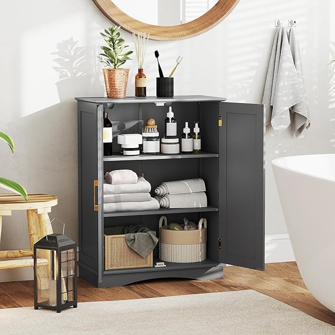 Tangkula Bathroom Floor Storage Cabinet, 31.5" H Freestanding Pantry Cabinet with 2 Doors and Adjustable Shelves, Kitchen Cupboard for Living Room, Dining Room, Bathroom (Gray, 31.5" H)