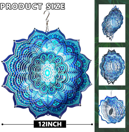 Goolyrusim Wind Spinner Mandala Rich Blue 12inch 3D Stainless Steel Wind Spinners Laser Cut Metal Hanging Wind Sculptures Kinetic Yard Art Decoration Garden Ornament Indoor/Outdoor Décor Worth Gift