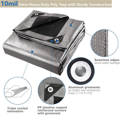 Yescom 20x30ft Heavy Duty Reinforced Poly Tarp Waterproof Tarpaulin 10-mil Ground Sheet Camping Tent Cover with Eyelets Reversible Silver Black Tarps