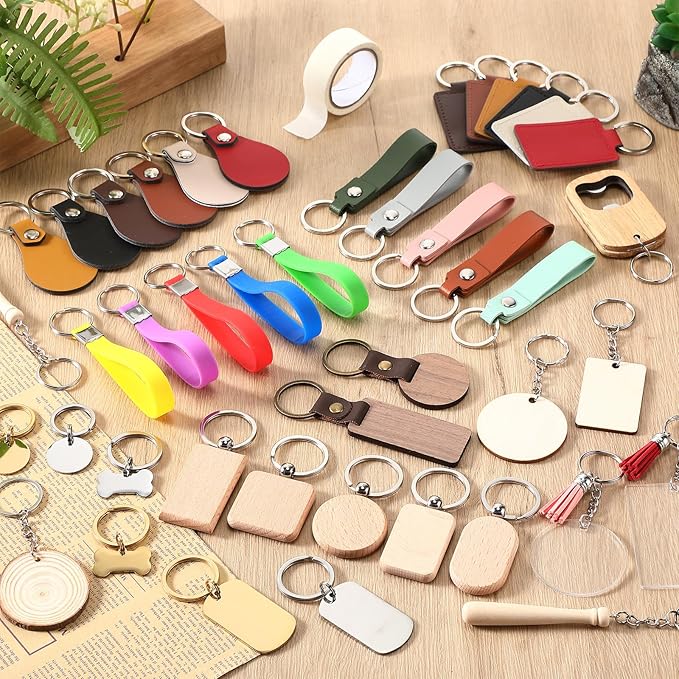 Tondiamo 122 Pcs Laser Engraving Blanks Keychains Bulk Laser Cutting Engraving Materials Accessories Including Wood, Stainless Steel, Acrylic, PU Leather, Silicone and Marking Paper Tape for Laser