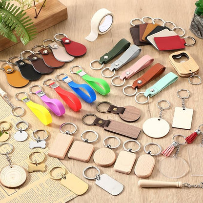 Tondiamo 122 Pcs Laser Engraving Blanks Keychains Bulk Laser Cutting Engraving Materials Accessories Including Wood, Stainless Steel, Acrylic, PU Leather, Silicone and Marking Paper Tape for Laser