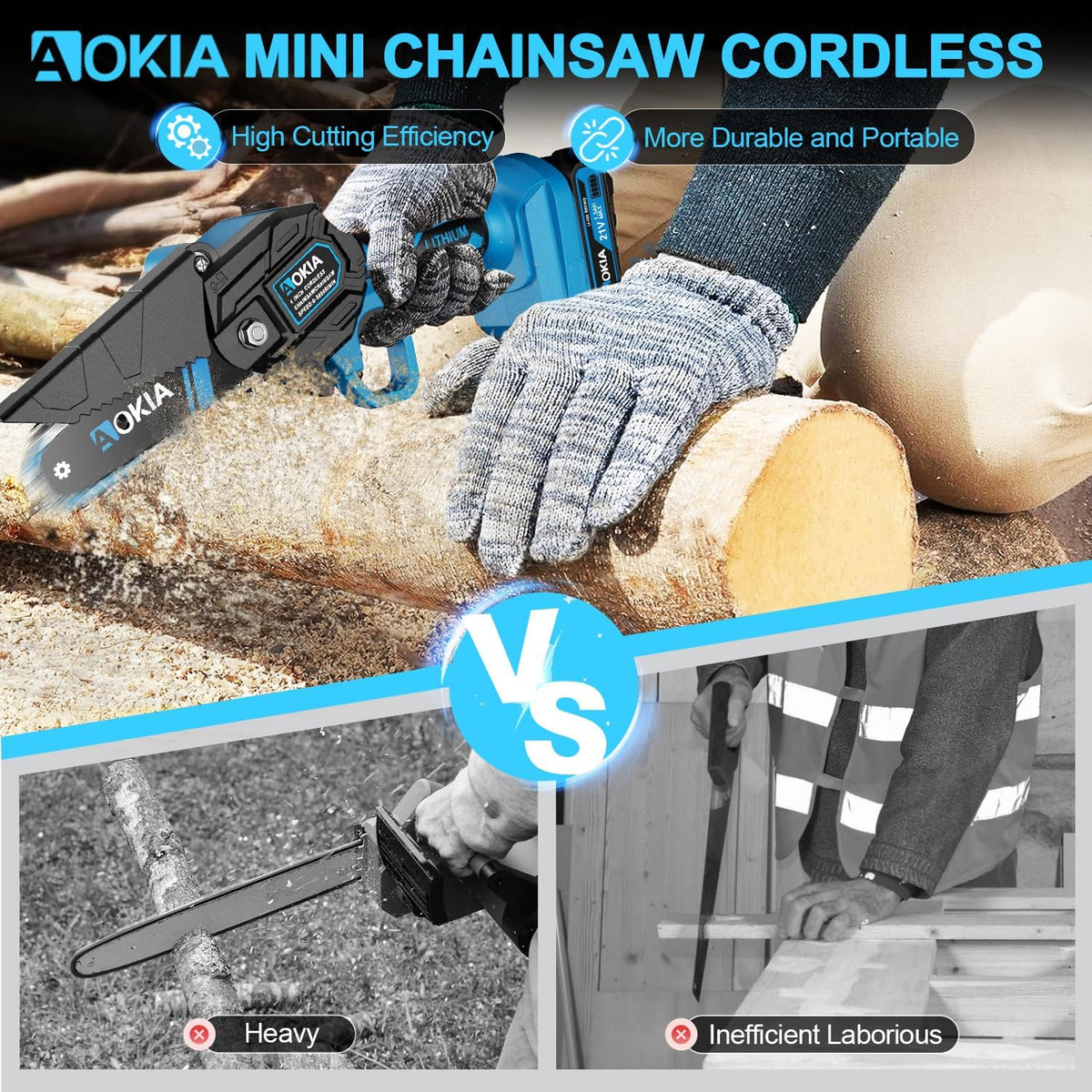 Cordless Mini Chainsaw 21V,4In Electric Chainsaw,Handheld & Portable Power Chain Saw for Tree Trimming Pruning Garden & Yard Work,Battery Chain Saw Gifts for Men Women Dad Blue